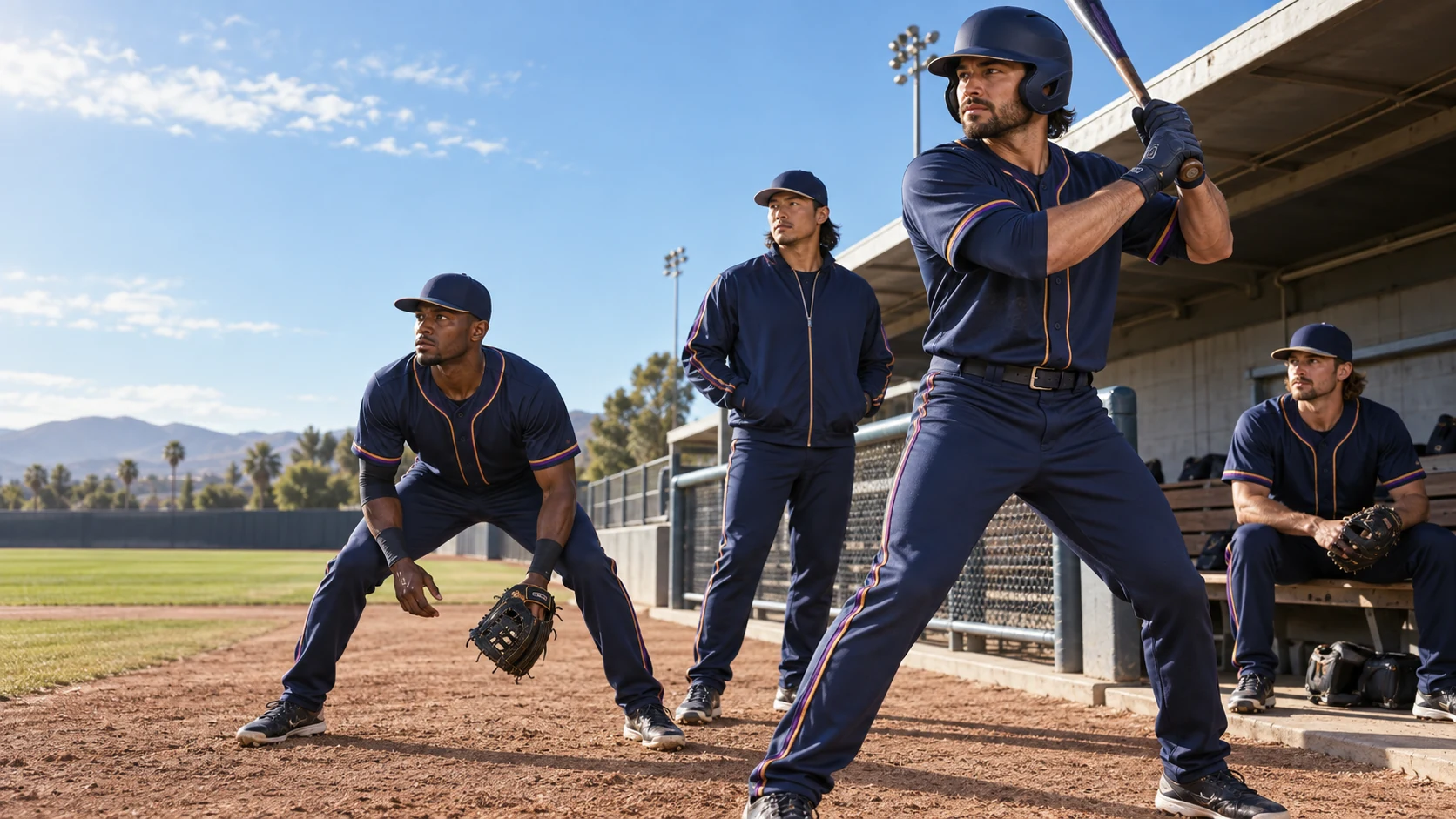 Baseball players in coordinated Prolance Sports teamwear editorial concept