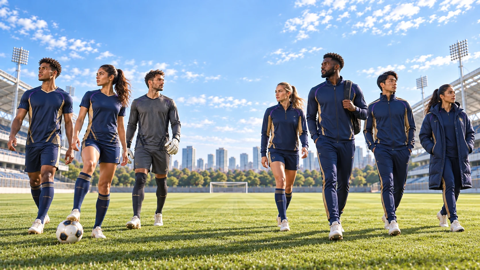 Coordinated soccer match kit, training apparel and tracksuit shown together